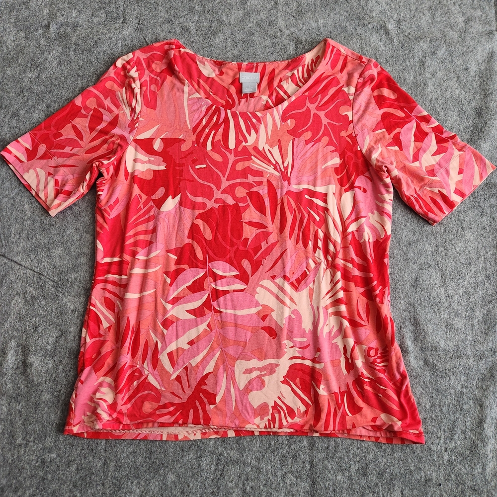 Chico's Floral Knit Top Blouse Shirt Women's 2 L Pink Tropical Travel Comfort